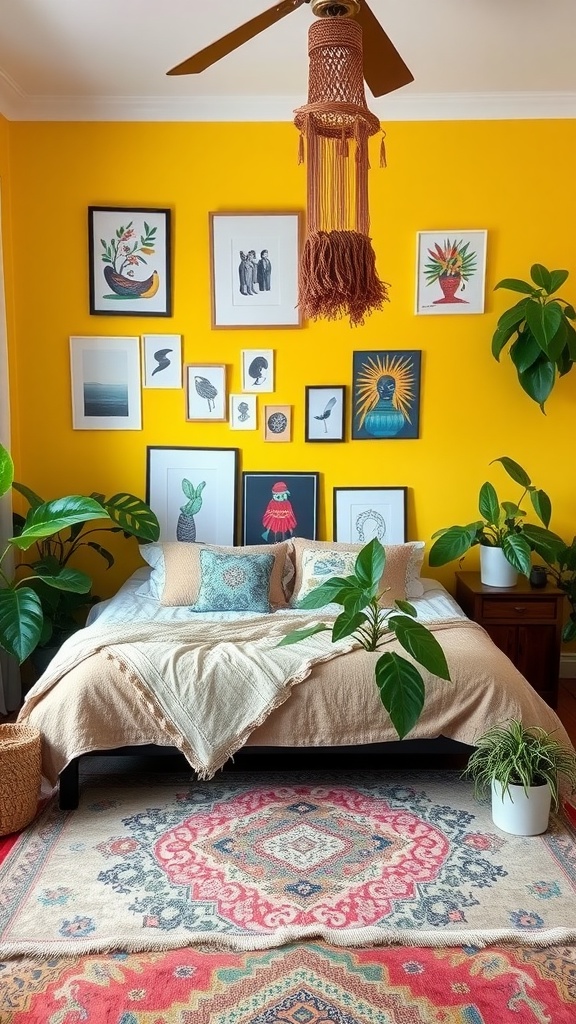 A cozy boho bedroom featuring a bright yellow accent wall adorned with various framed artworks, a cozy bed, and indoor plants.