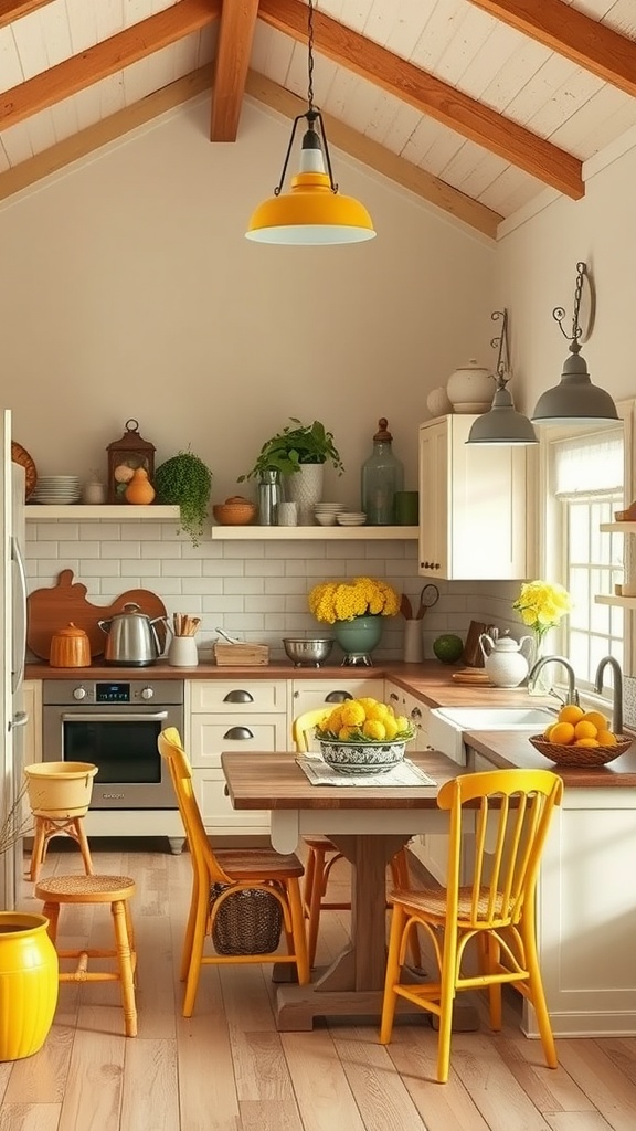 A cozy farmhouse kitchen with yellow accents, featuring yellow chairs, a wooden table, and fresh fruits.