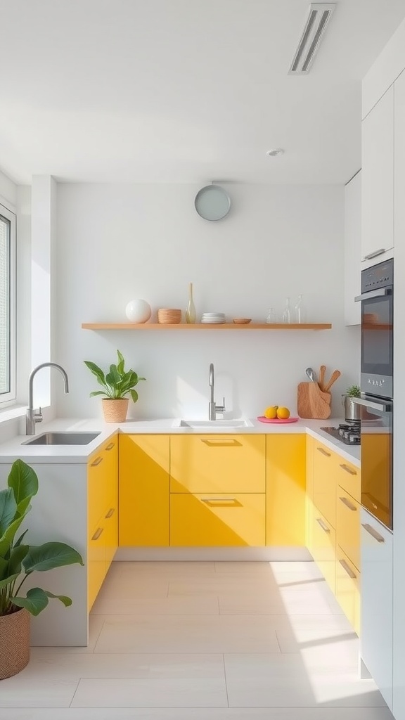 Minimalist kitchen featuring yellow cabinetry, light walls, and plants