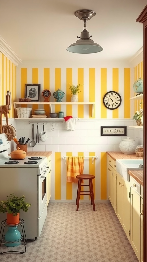 A cozy kitchen featuring yellow and white striped wallpaper, light cabinets, and wooden countertops.