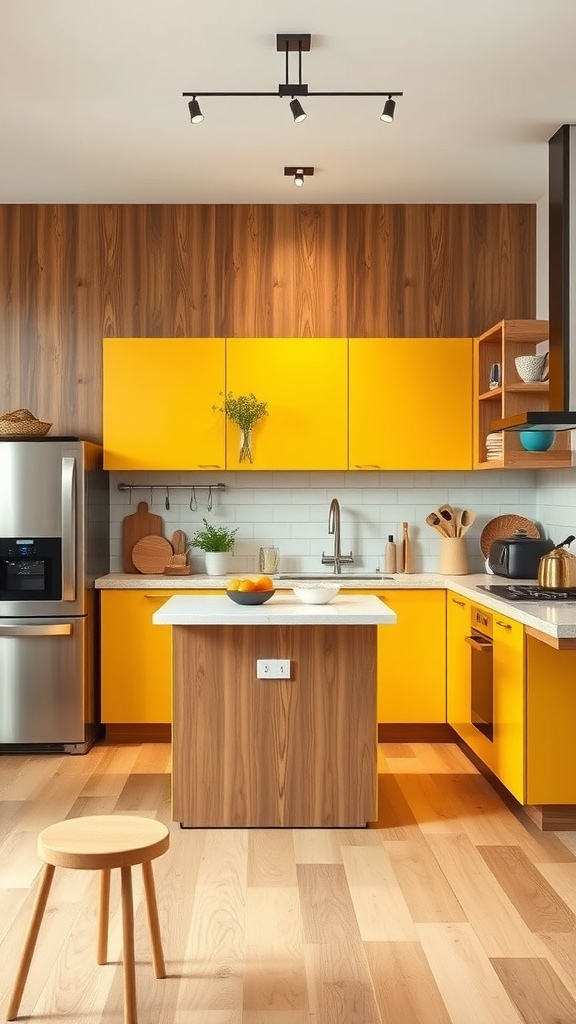 A modern farmhouse kitchen with yellow cabinets and warm wood accents.
