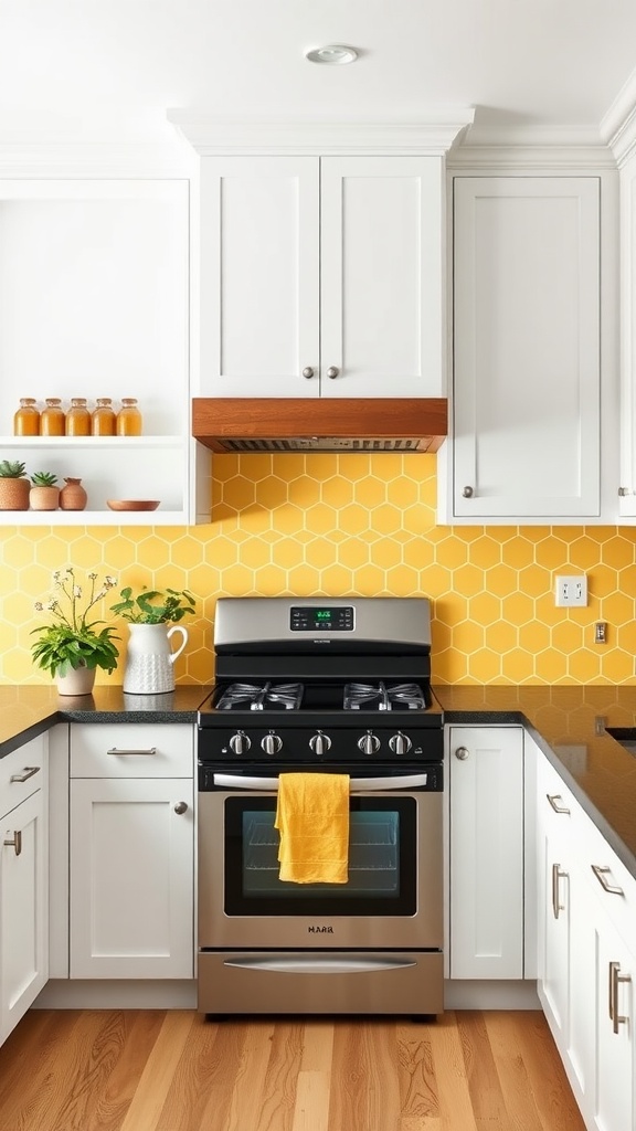 Modern farmhouse kitchen with yellow geometric tile backsplash, white cabinets, and black appliances