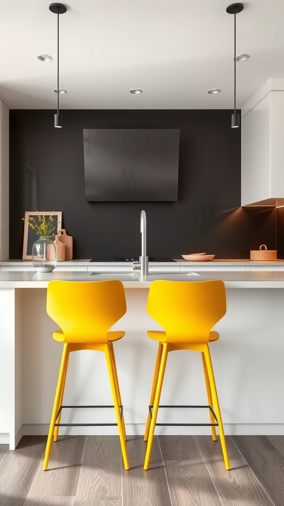 Modern kitchen with yellow bar stools and a dark accent wall