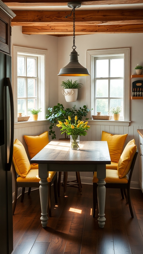 Cozy yellow dining nook with farmhouse table and chairs, filled with natural light and plants.