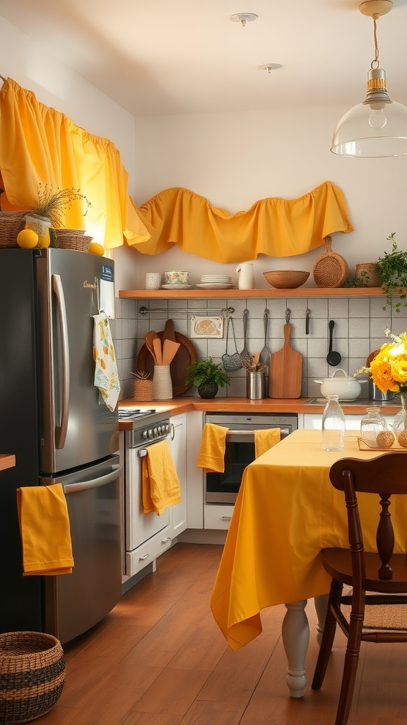 A cozy kitchen featuring yellow linens on the table and windows, with warm wooden accents and a bright atmosphere.