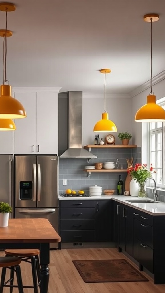 A bright boho kitchen featuring yellow pendant lights, dark cabinets, and a wooden dining table.