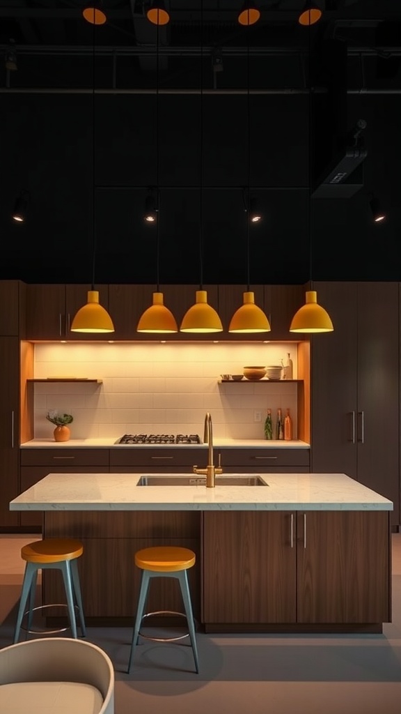A modern kitchen with yellow pendant lights hanging over a marble island, featuring dark wood cabinetry and yellow stools.