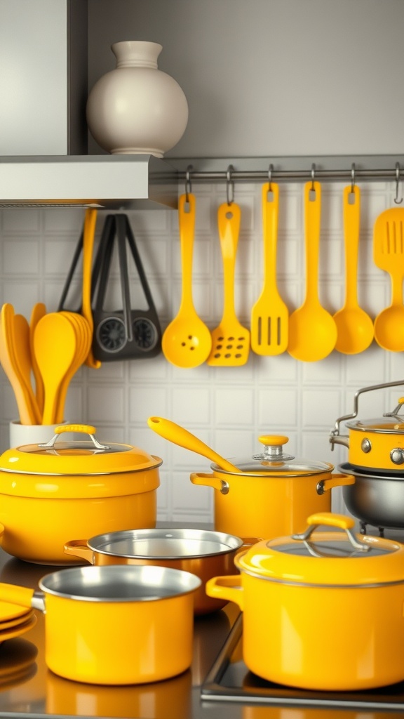 Bright yellow utensils and cookware arranged in a modern kitchen