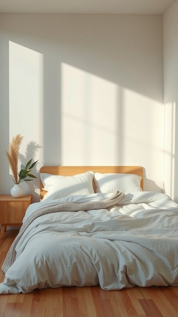 A cozy bedroom with neutral-toned bedding, a wooden bedframe, and a minimalist decor style.