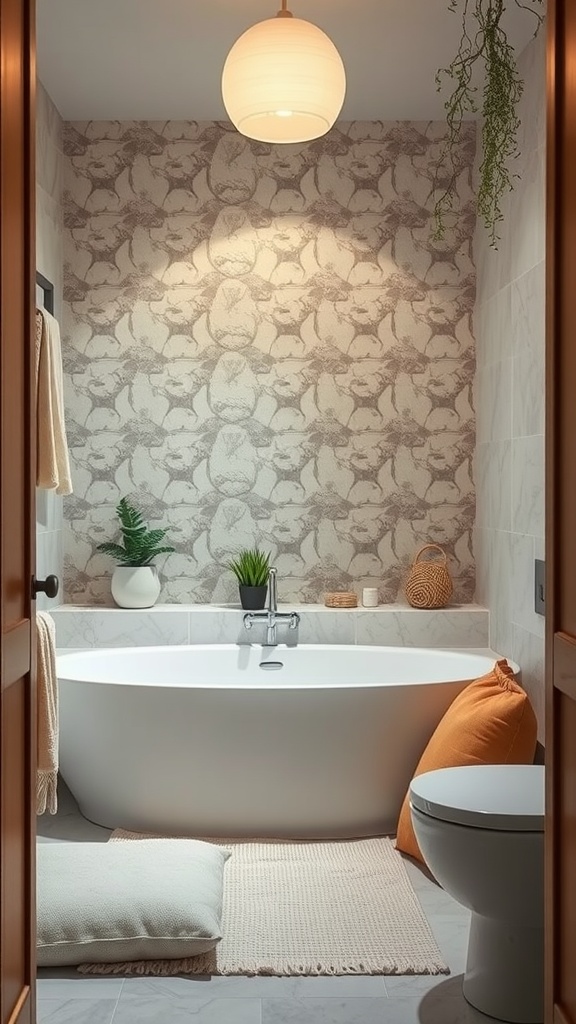 A serene bathroom with a large white bathtub, plants, soft lighting, and cozy decor.