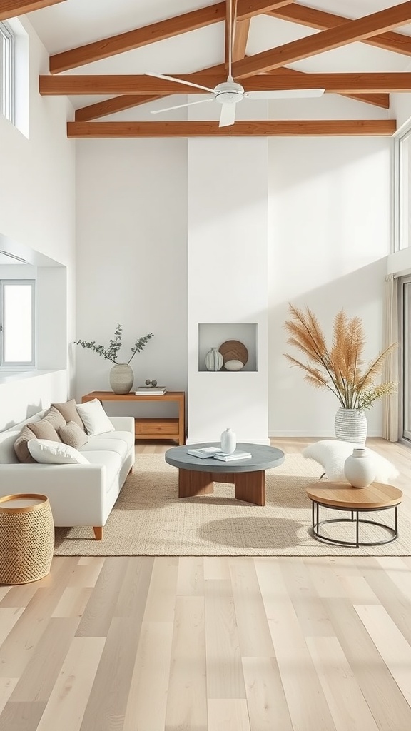 A tranquil coastal living room with high wooden beams, a white sofa, and natural decor.