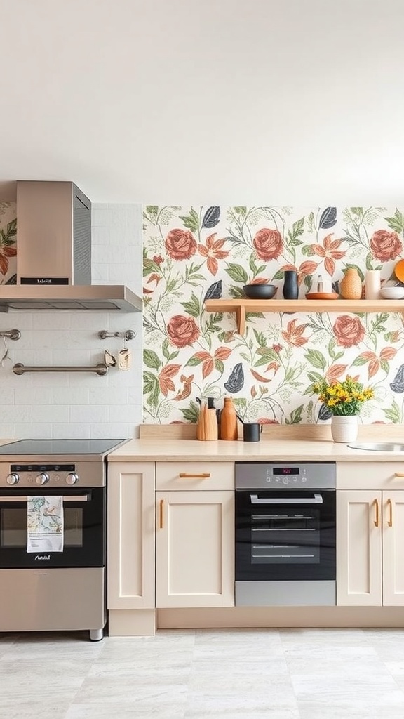 A modern farmhouse kitchen featuring an accent wall with floral wallpaper, a wooden shelf, and kitchen appliances.