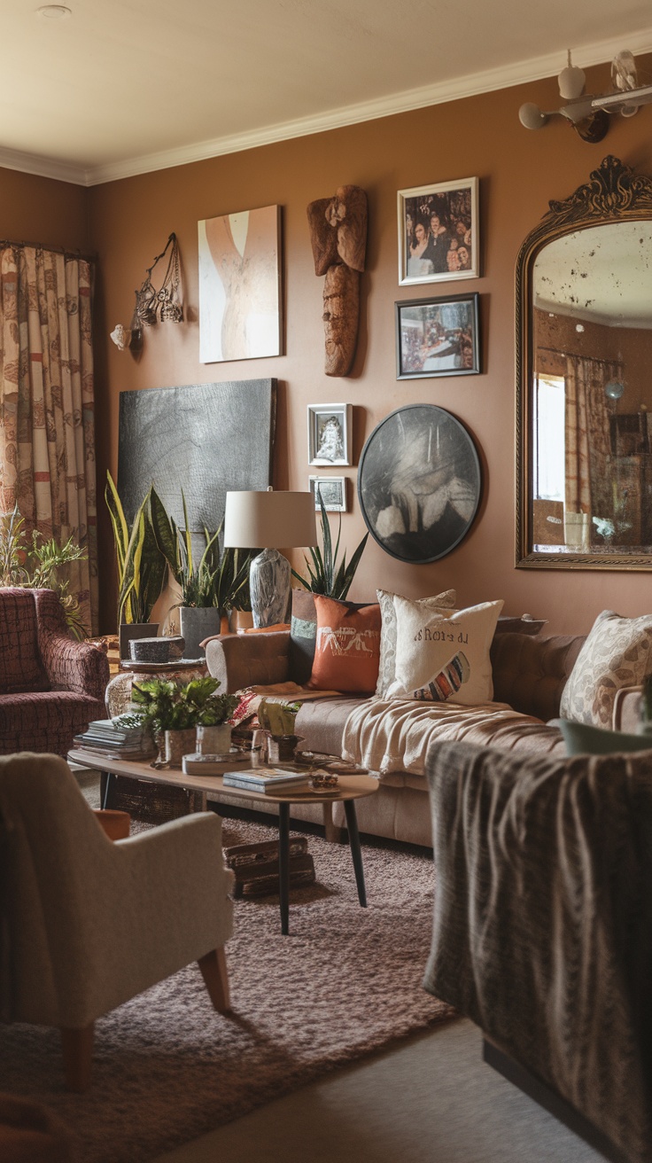 A living room with framed pictures, plants, and cozy furniture