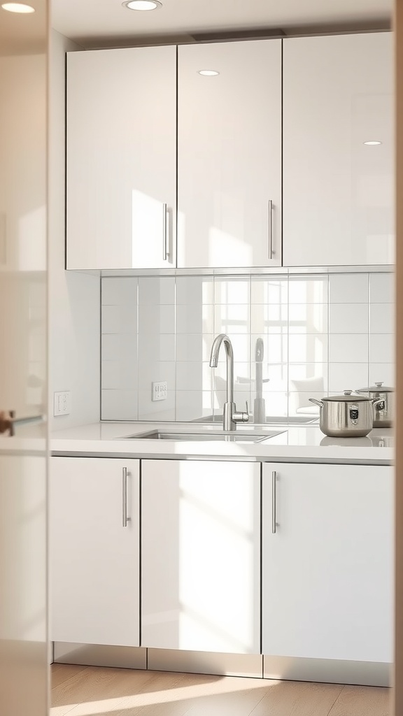 Bright small kitchen with glossy cabinets reflecting light