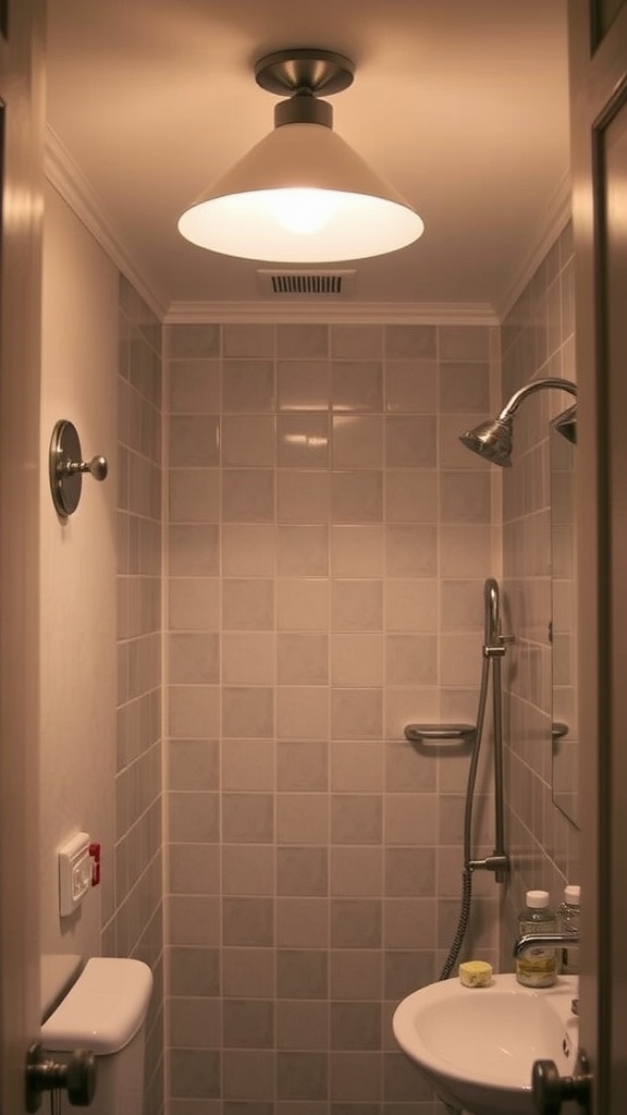 An image showing a small bathroom with a ceiling light and tiled walls