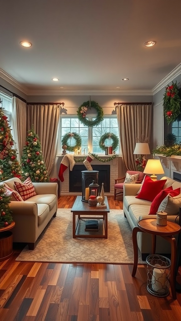 A cozy living room decorated for the winter holidays with Christmas trees, wreaths, and warm lighting.