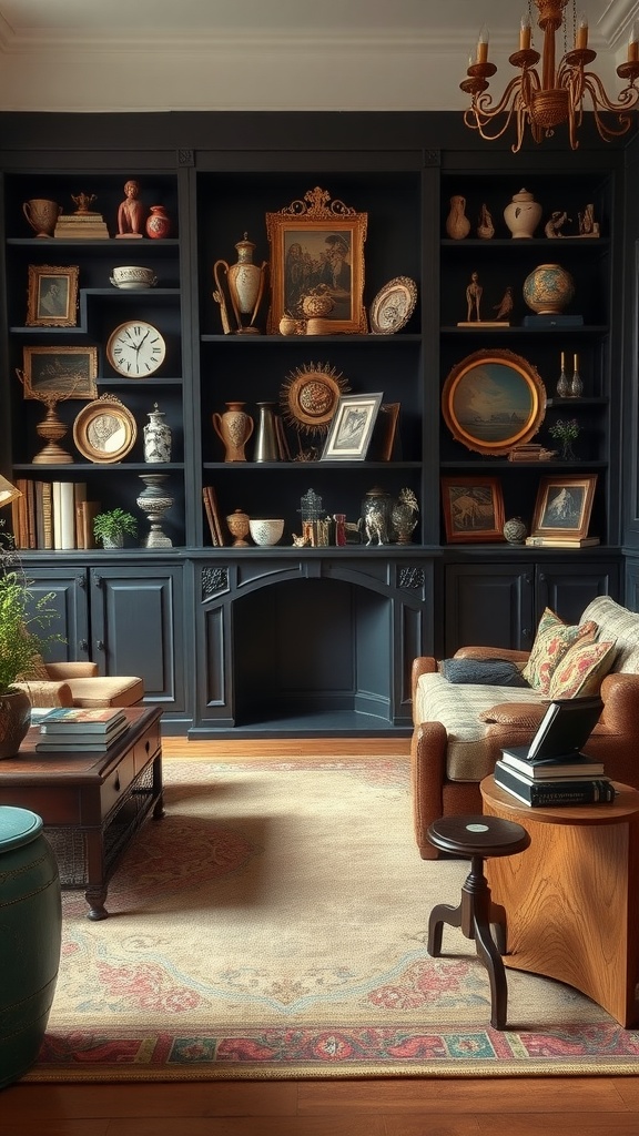 A living room with dark shelves displaying various antique items, including vases and picture frames, and a cozy seating area.
