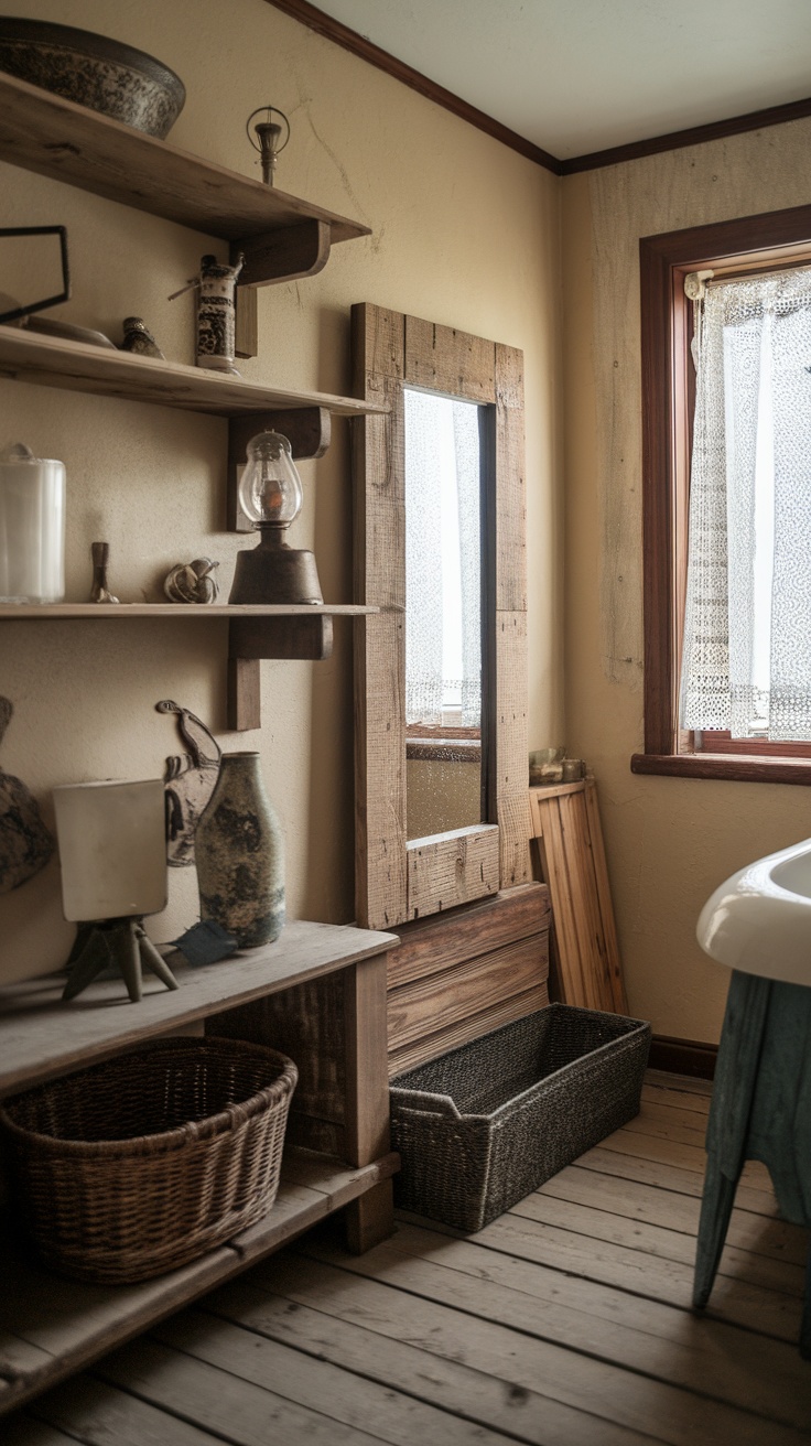 A farmhouse bathroom featuring a freestanding tub, antique clock, and warm-toned decor.