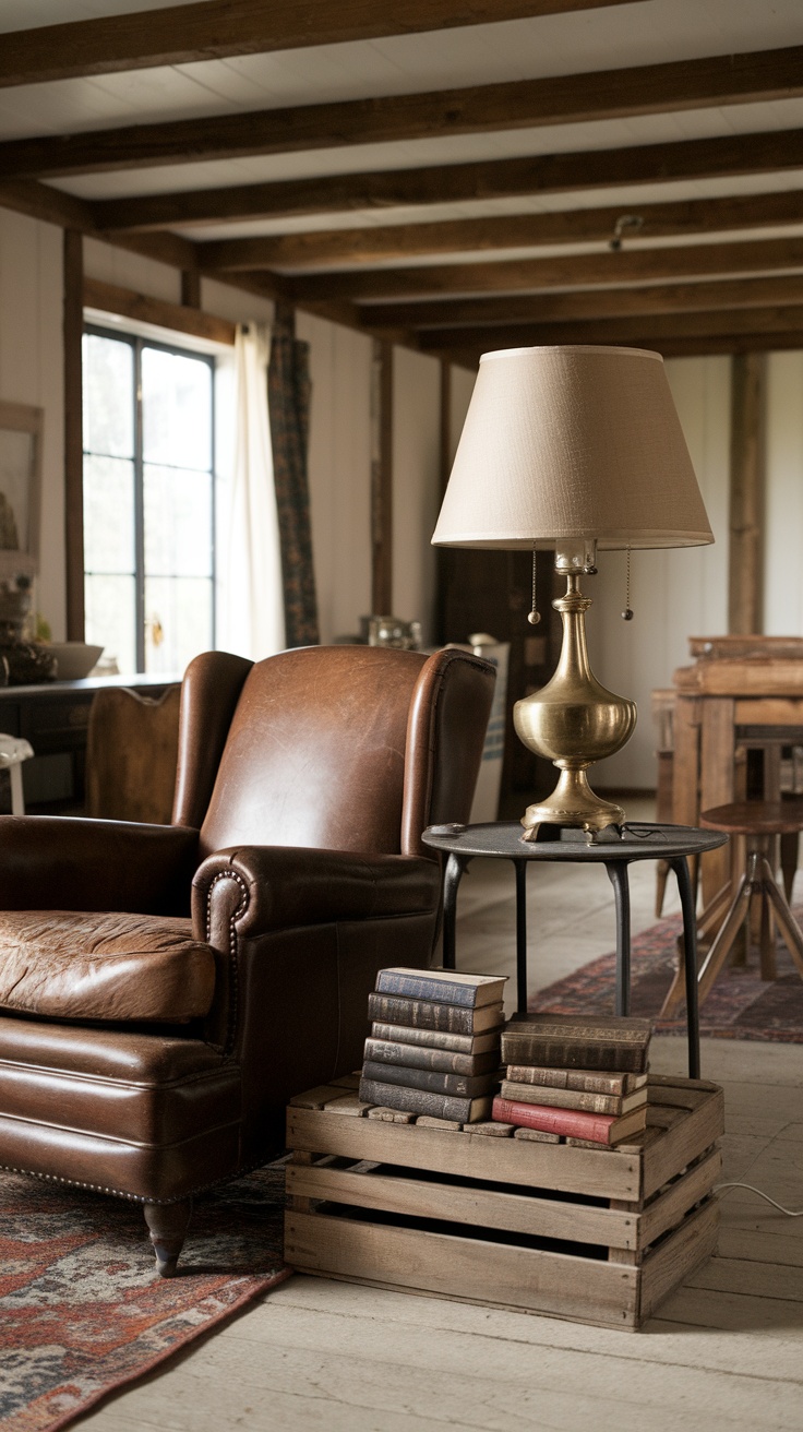 Cozy farmhouse living room with antique accessories, including a vintage clock, lamp, and stacks of books.