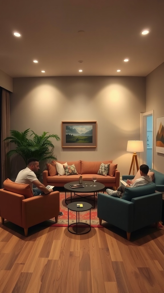 A cozy living room with two friends seated in chairs, engaging in conversation around a coffee table.
