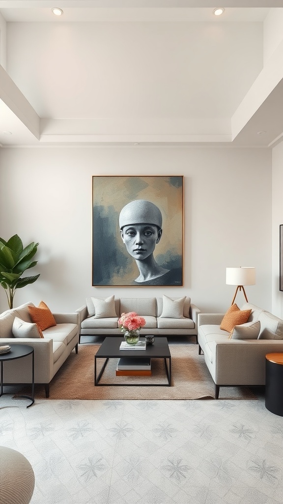 A modern living room with neutral sofas, a striking piece of art on the wall, and a cozy arrangement that highlights the artwork.
