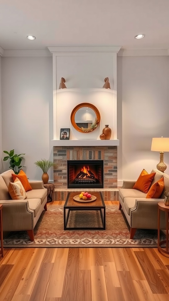 A cozy living room with two sofas, a coffee table, a fireplace, and warm decor.