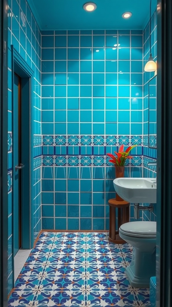 Bright blue tiled bathroom with floral patterned floor tiles and a small plant