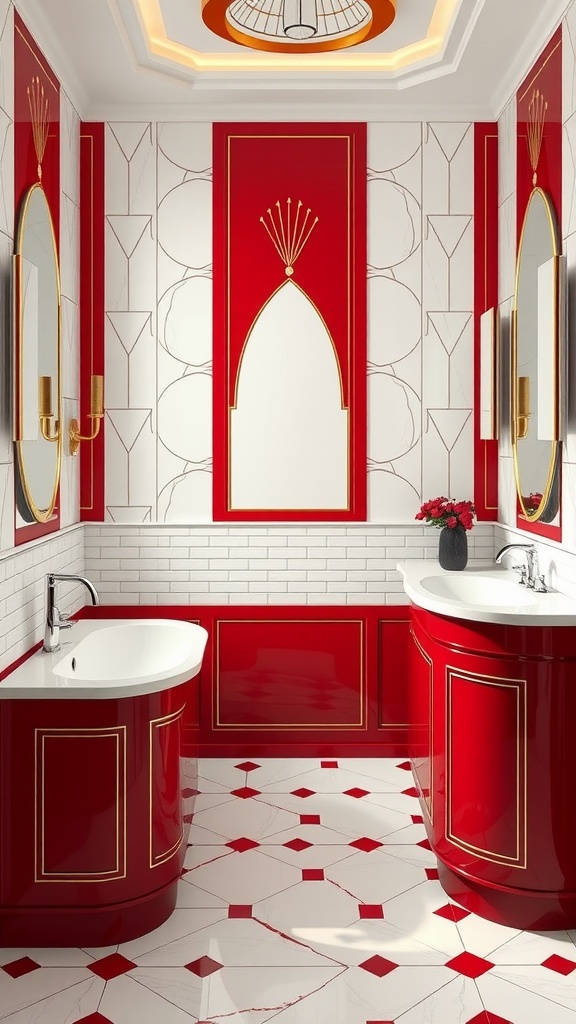 Art Deco inspired bathroom design featuring red walls, elegant mirrors, and luxurious finishes.