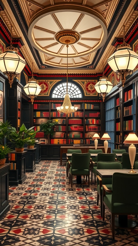 An elegant reading room with Art Deco decor, featuring intricate ceiling details, vibrant book collections, and stylish lighting.