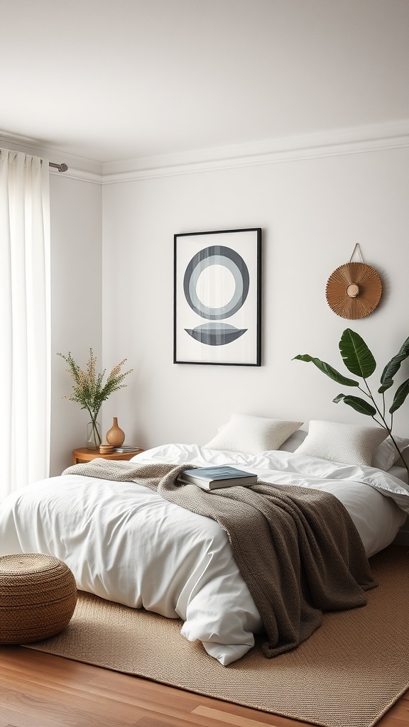 A minimalist bedroom featuring simple decor, framed abstract art, and natural elements.