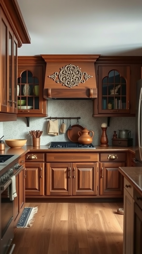 Artisan-style kitchen cabinets with wooden finish and decorative details.