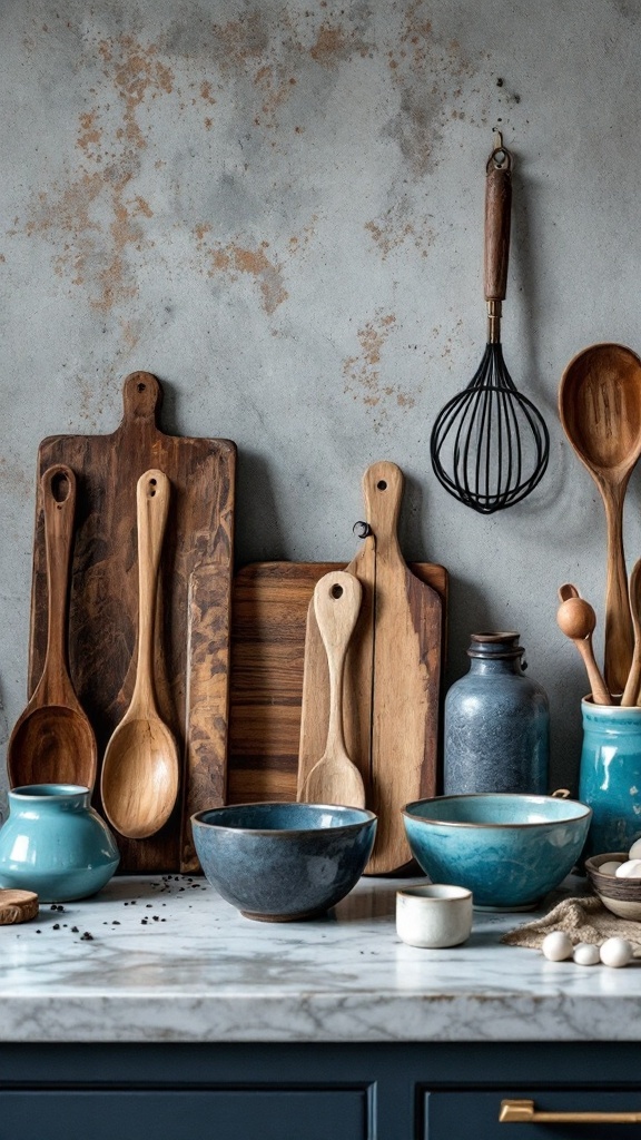 A collection of artisan blue pottery bowls and jars with wooden utensils against a textured wall.