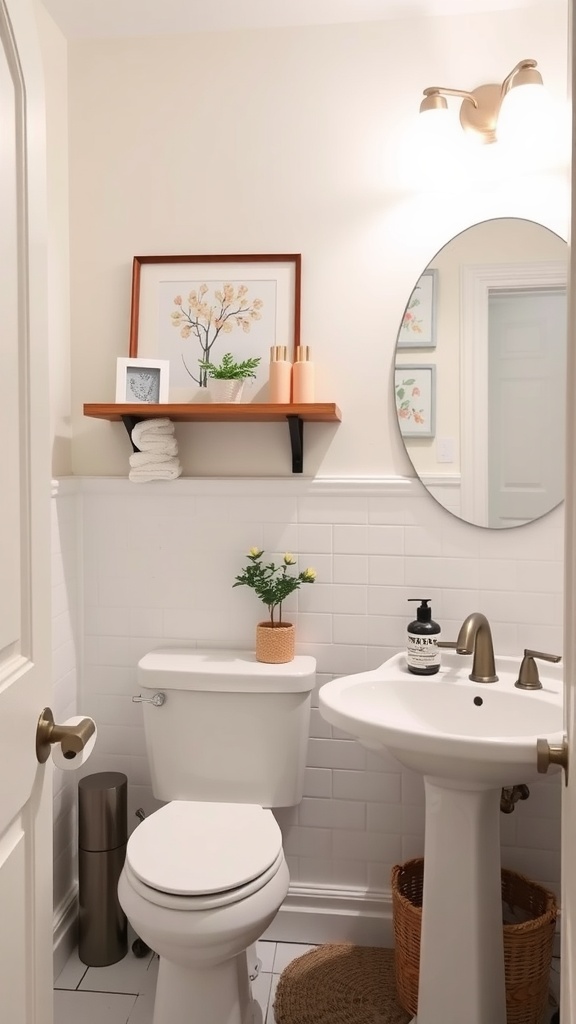 A stylish bathroom featuring framed artwork and a wooden shelf with decorative items.