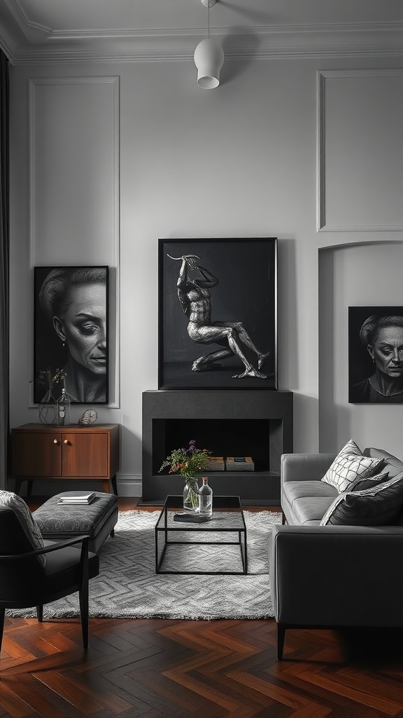 A stylish living room featuring dark-themed paintings, a cozy couch, and elegant decor.