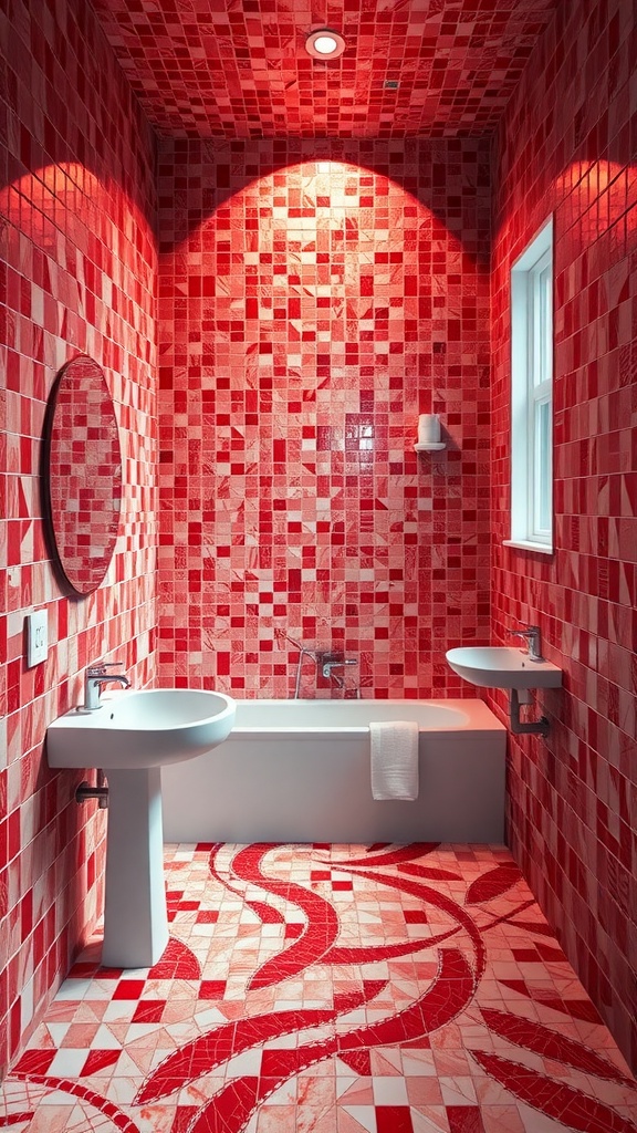 A red bathroom featuring artistic mosaic tiles on the walls and floor, including a bathtub and sink.