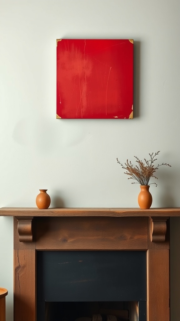 A bold red canvas artwork above a rustic wooden mantel with pottery.