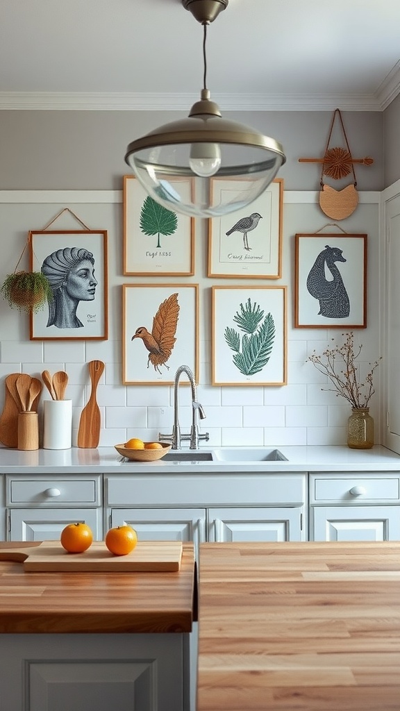 A cozy Scandinavian kitchen with artistic wall decor featuring nature-inspired illustrations.