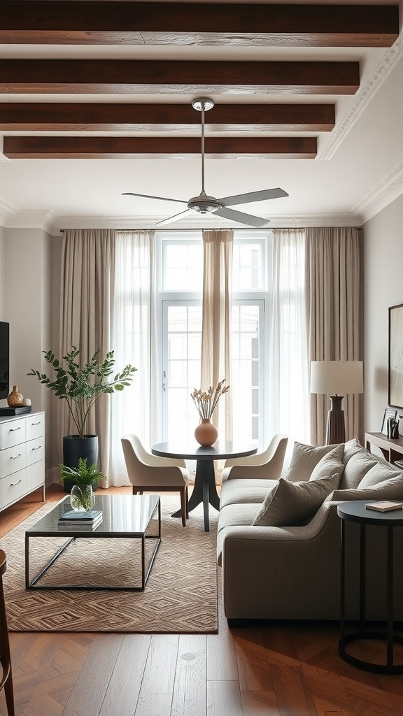 A stylish living room dining room combo with a light sofa, round dining table, and large windows.