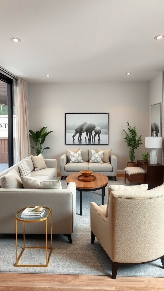 A stylish living room with light-colored sofas, a round coffee table, and decorative plants.