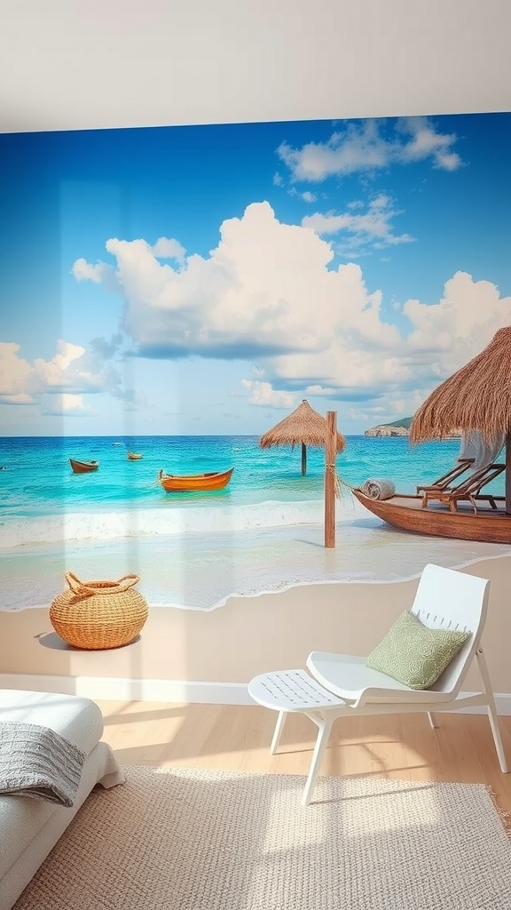 A beautiful beach scene mural featuring boats and a sandy shore.