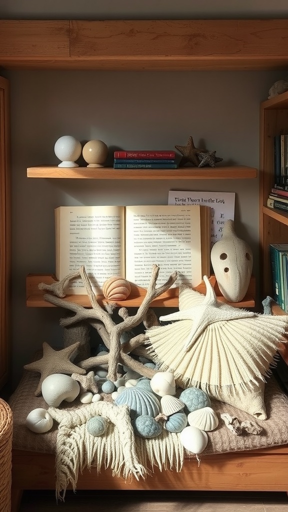 A cozy beach-themed decor display featuring shells, coral, and books on a wooden shelf.