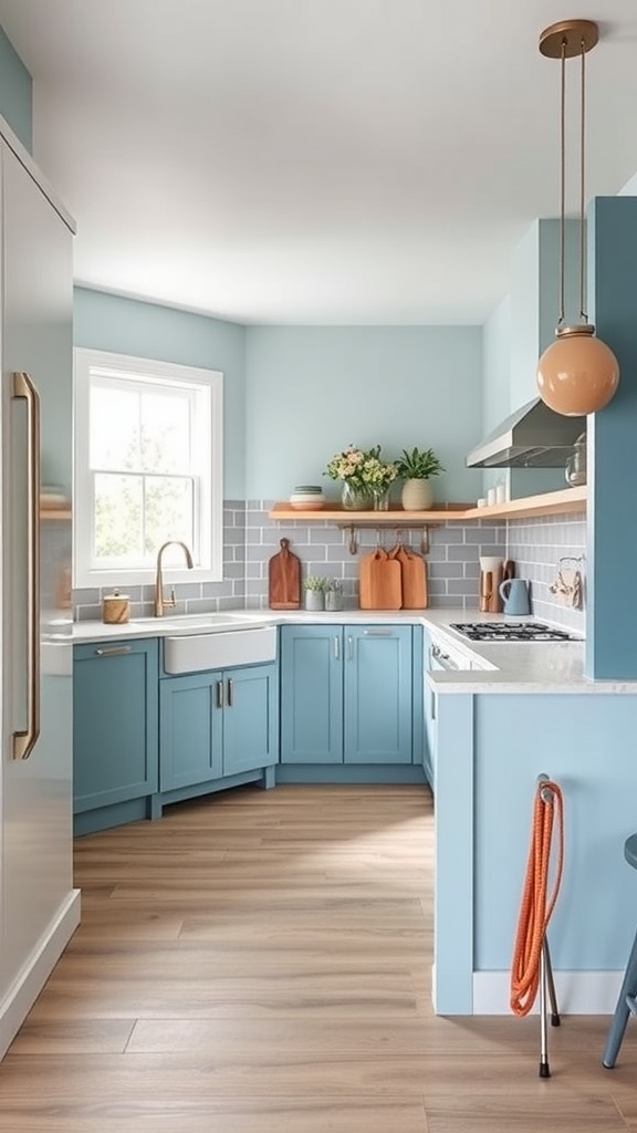 A modern kitchen featuring beachy color block walls in blue and white.