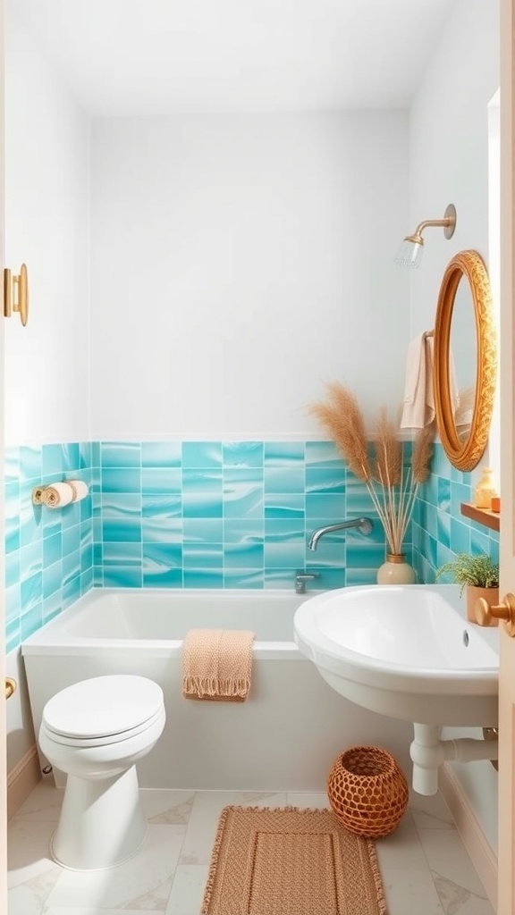 A bright bathroom featuring turquoise patterned tiles, a white bathtub, and warm decorative accents.