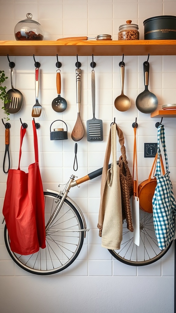 A creative kitchen storage solution featuring bicycle hooks with aprons and utensils hanging on a wall.