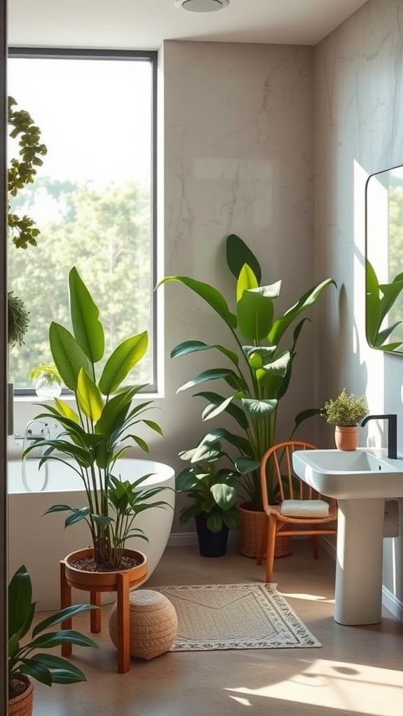 A modern bathroom featuring large indoor plants, a bathtub, and natural light.