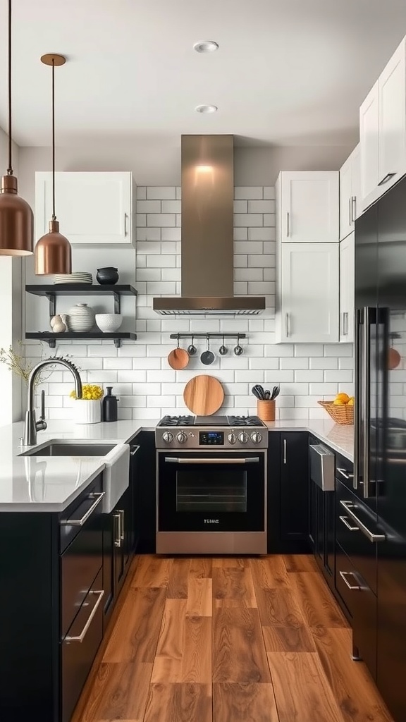 Modern kitchen featuring black and white contrast cabinets with wood flooring and stylish light fixtures.