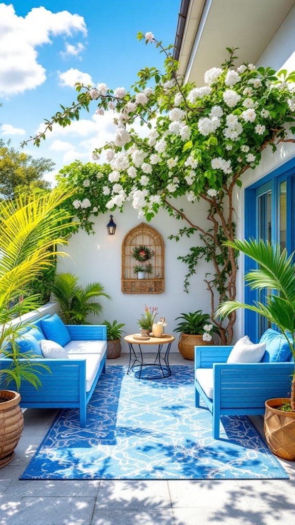 A cozy outdoor area with blue furniture, lush greenery, and a bright blue sky.