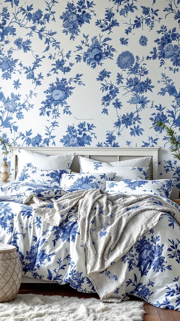 A beautifully decorated bedroom featuring blue and white toile wallpaper and bedding.