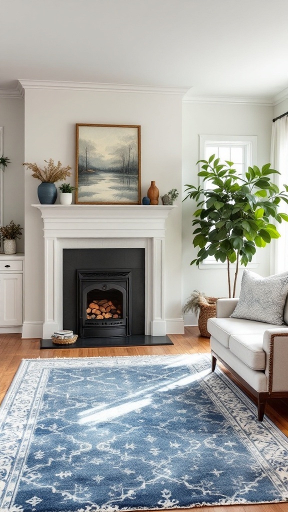 A cozy living room featuring a blue area rug, fireplace, and greenery, showcasing farmhouse decor.