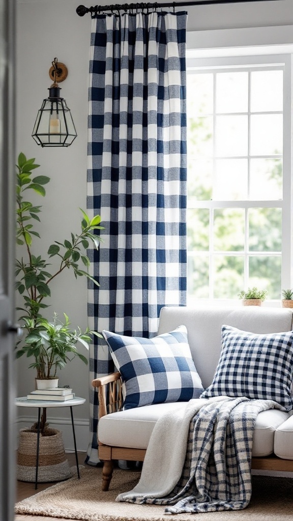 Living room featuring blue buffalo check fabric curtains and pillows